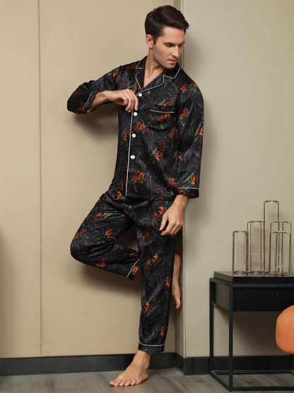 Pure Silk Men's Floral Printed Lapel Pajamas