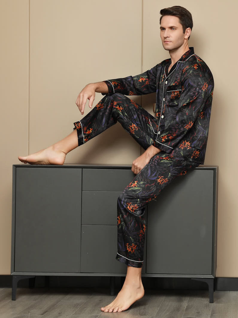 Pure Silk Men's Floral Printed Lapel Pajamas