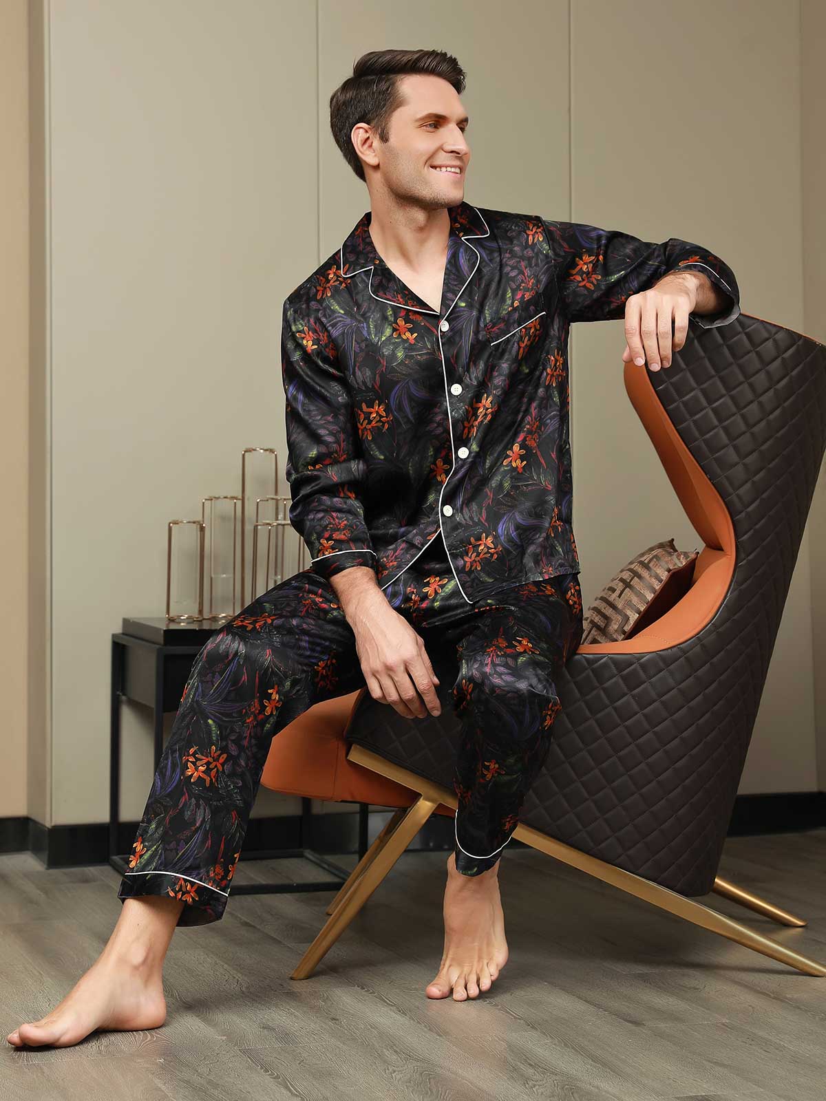 Pure Silk Men's Floral Printed Lapel Pajamas