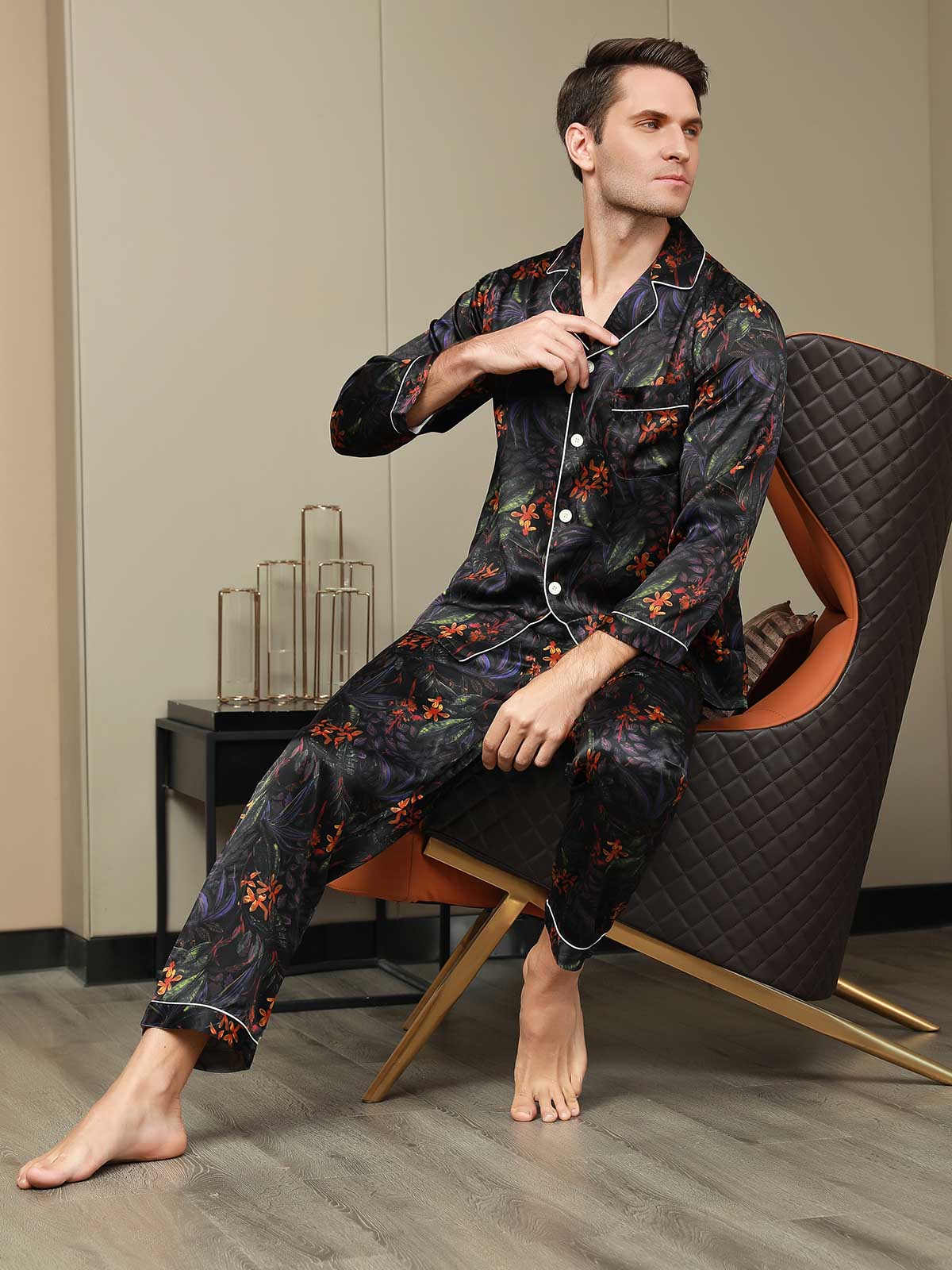 Pure Silk Men's Floral Printed Lapel Pajamas