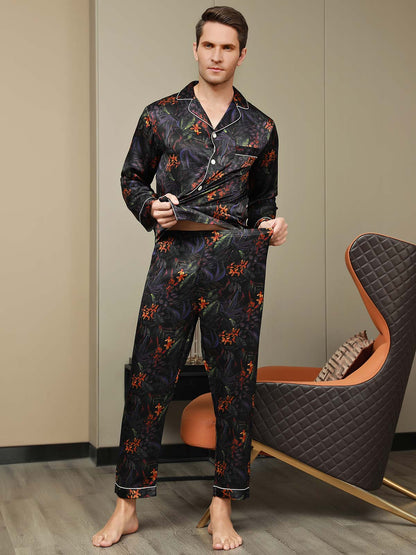 Pure Silk Men's Floral Printed Lapel Pajamas