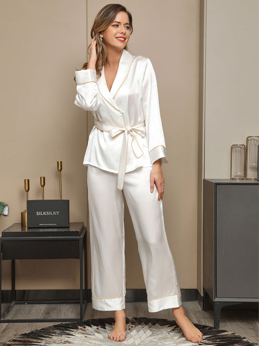 19Momme Contrast Trim Belted Lapel Silk Pajama Set