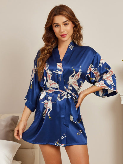 19 Momme Pure Silk Printed 3/4 Sleeve Women's Short Robe