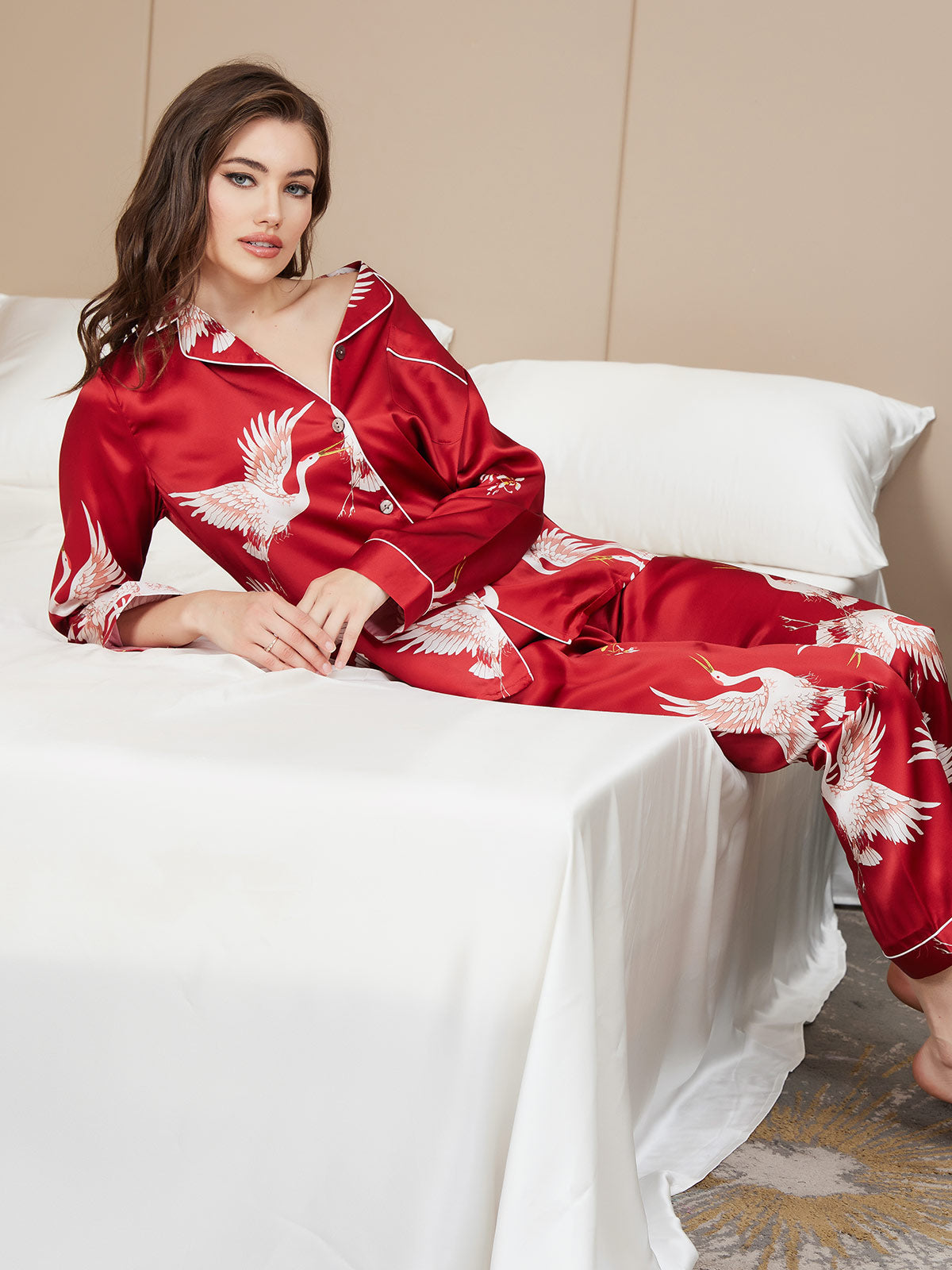 19Momme Pure Silk Printed Classic Binding Trim Womens Pajama set