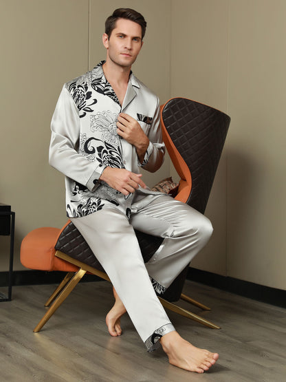 Pure Silk Men‘s Floral Printed Lapel Pajama Set