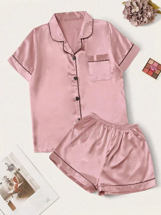 Contrasting Piping Satin Pajama Set | Livia*