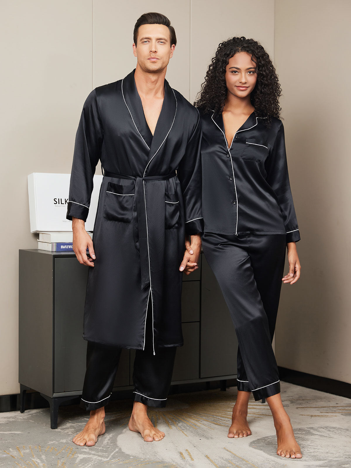 Pure Silk Couple Set - Men's Robe+Pants & Women's Pajama Set