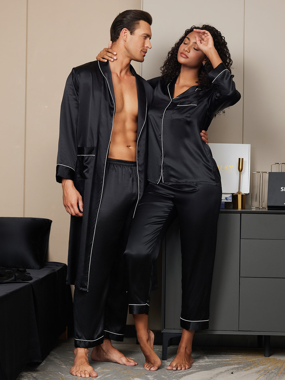 Pure Silk Couple Set - Men's Robe+Pants & Women's Pajama Set