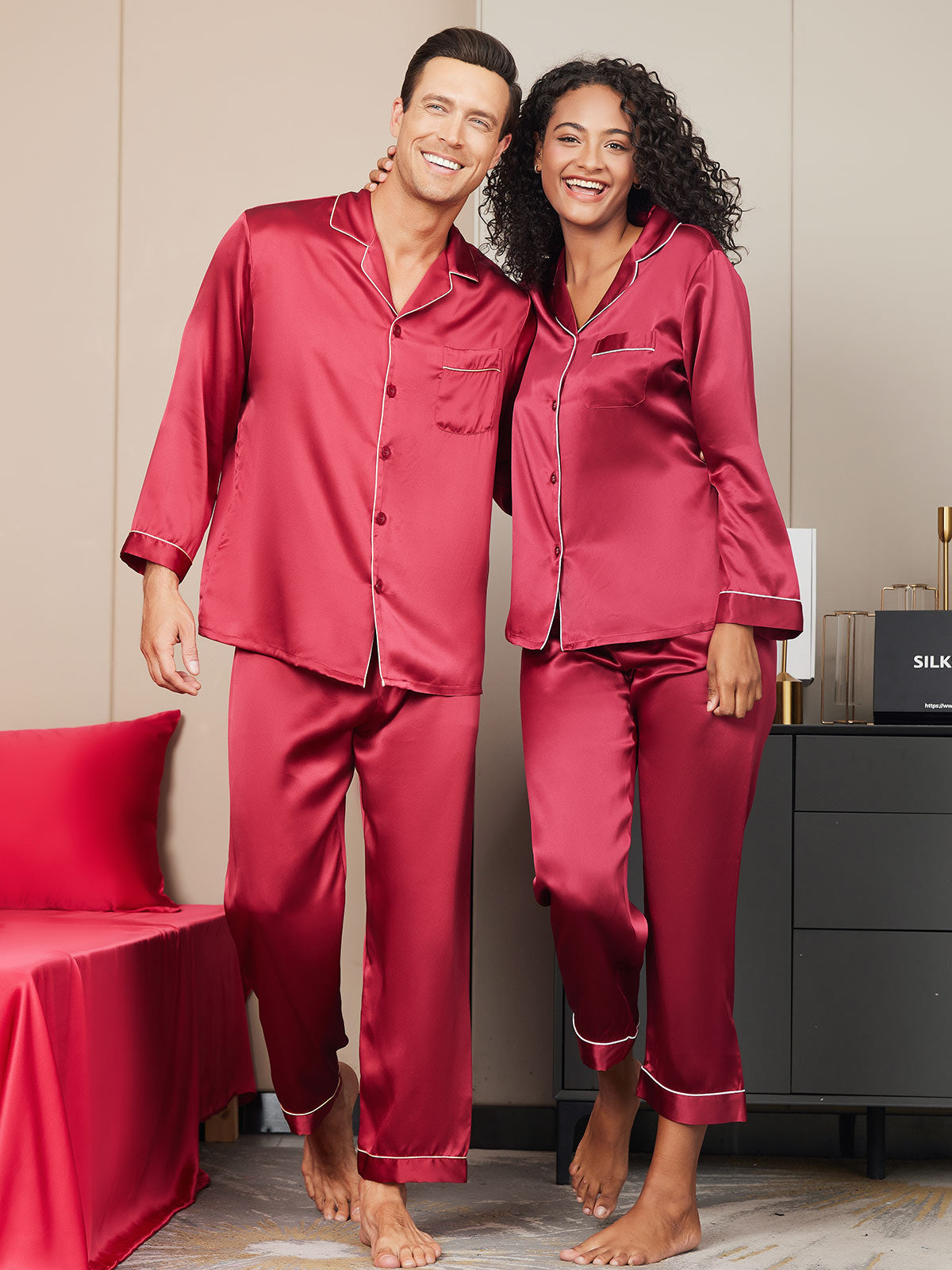 Couple Pure Silk Long Pajama Sets Total 4Pcs