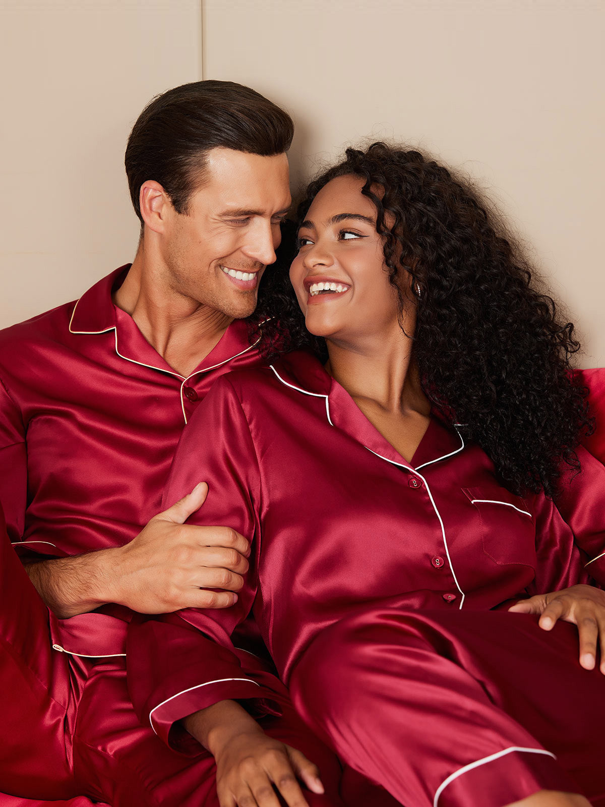 Couple Pure Silk Long Pajama Sets Total 4Pcs