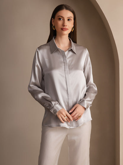 19 Momme Silk Solid Color Basic Long-Sleeved Shirt