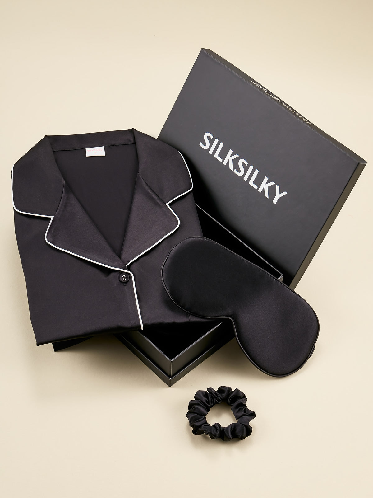 Gift Set - Silk Short Sleeve Pajama Set & Eye Mask & Scrunchie