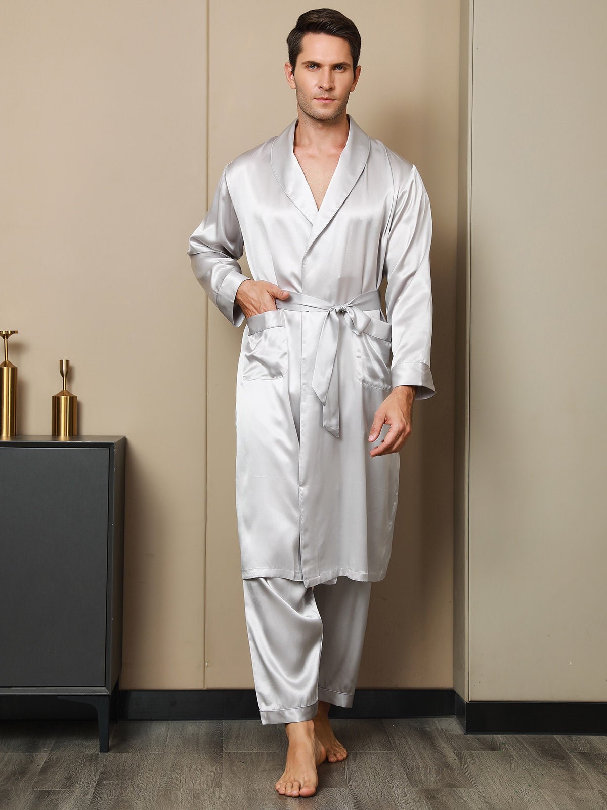 2Pcs Pure Silk Lapel Collar Belted Robe & Pants Set