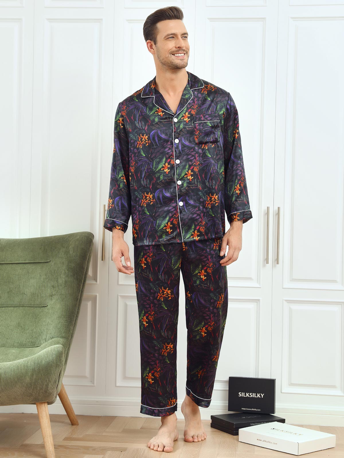 Pure Silk Floral Printed Lapel Men‘s Pajamas