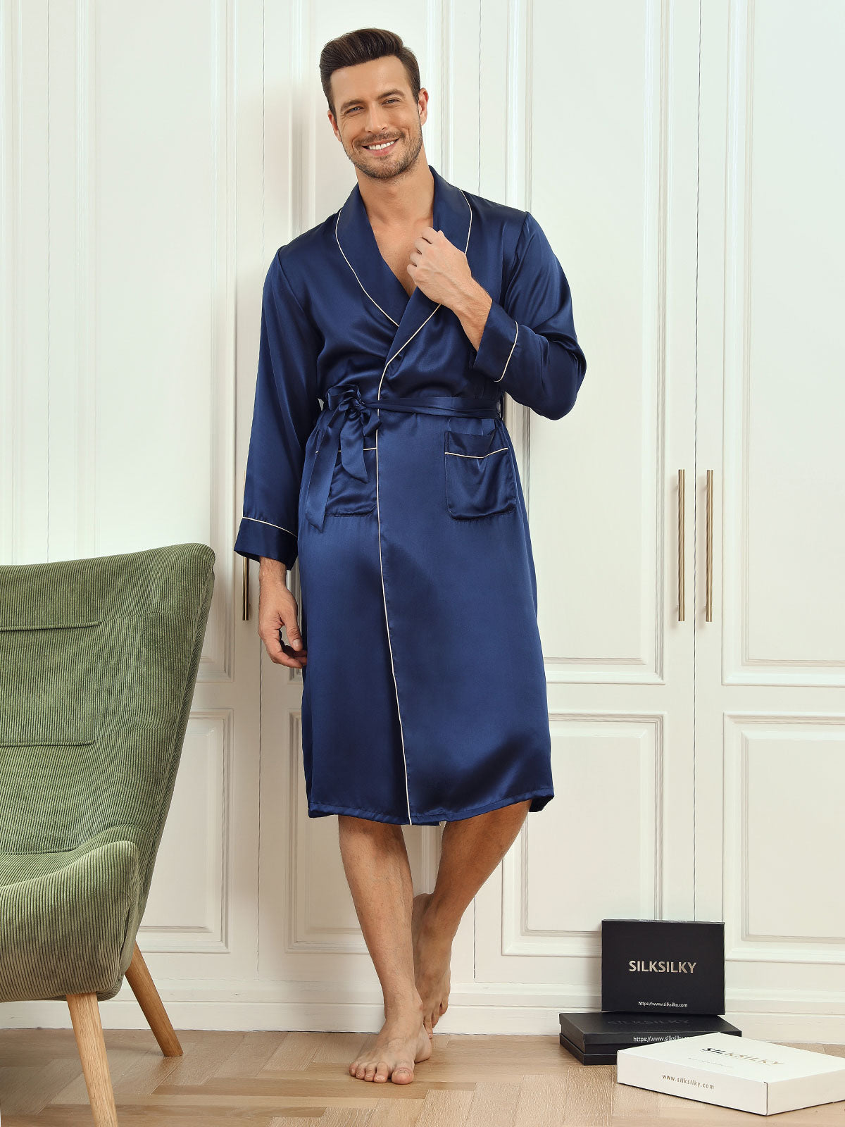 Pure Silk Piping Trim Belted Mens Robe