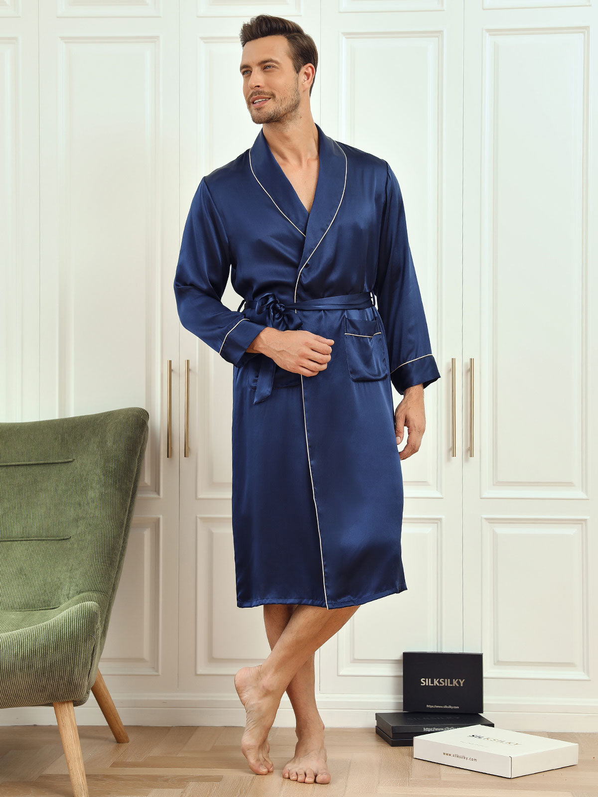 Pure Silk Piping Trim Belted Mens Robe