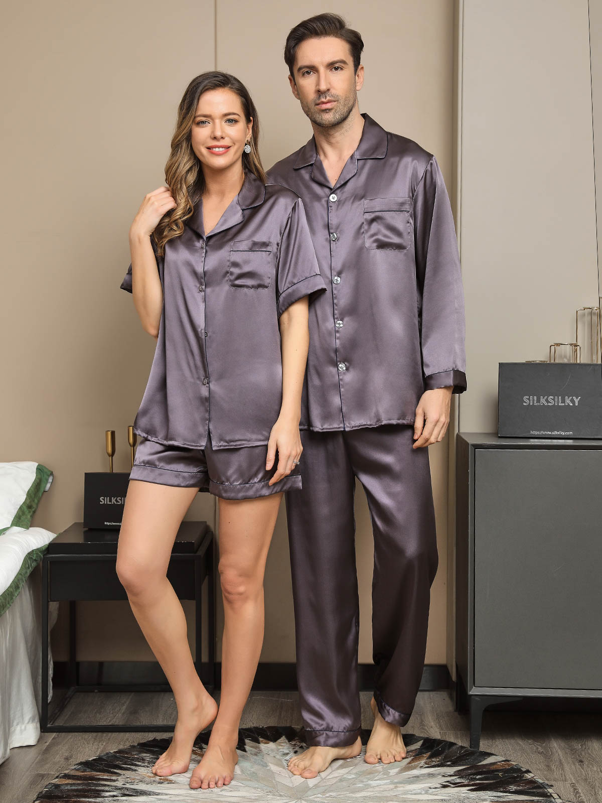 4Pcs Pure Silk Mens & Womens Couple Pajamas