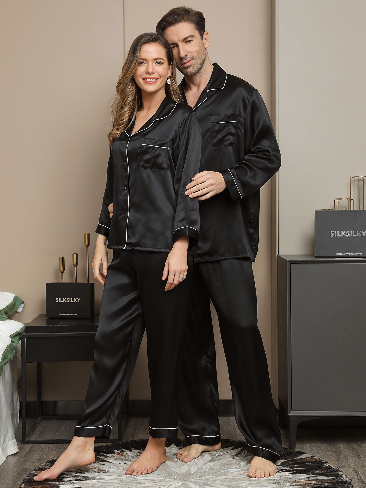 Couple Pure Silk Long Pajama Sets Total 4Pcs