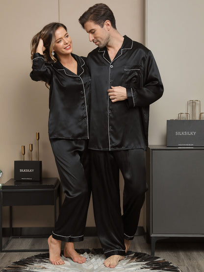 Couple Pure Silk Long Pajama Sets Total 4Pcs