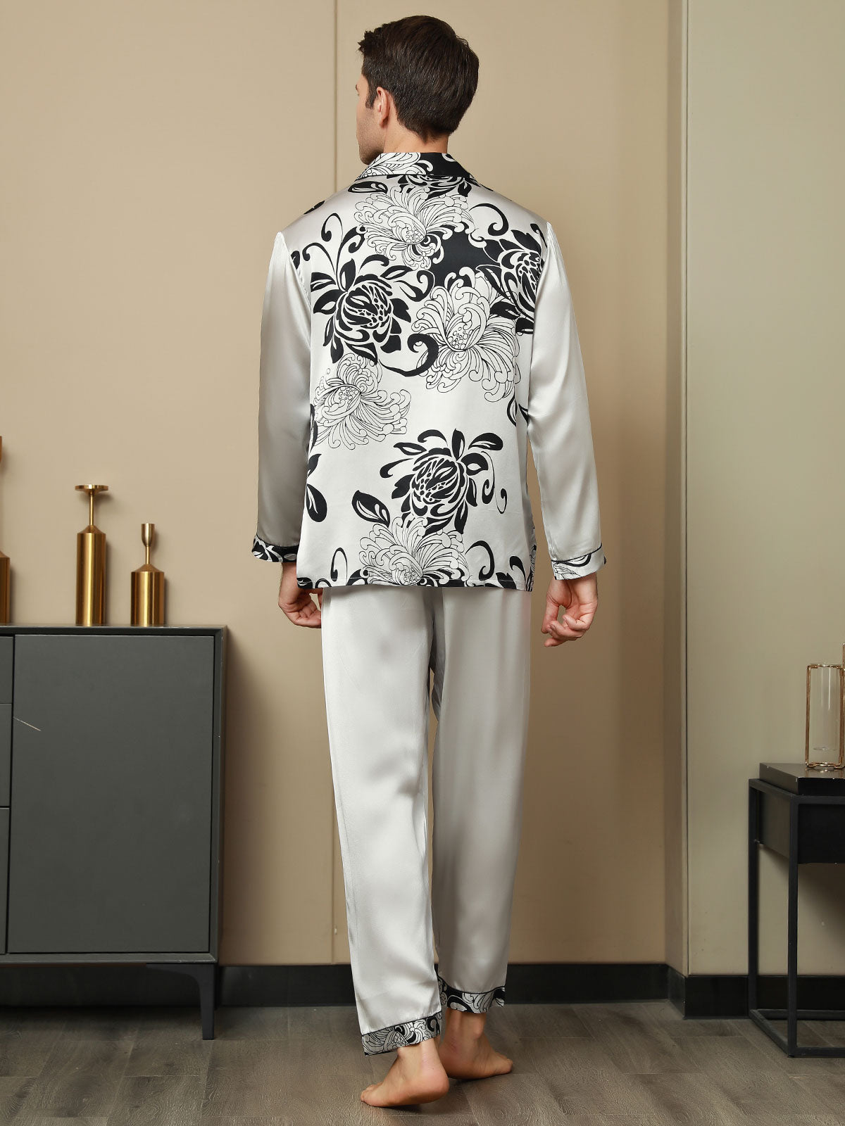 Pure Silk Men‘s Floral Printed Lapel Pajama Set