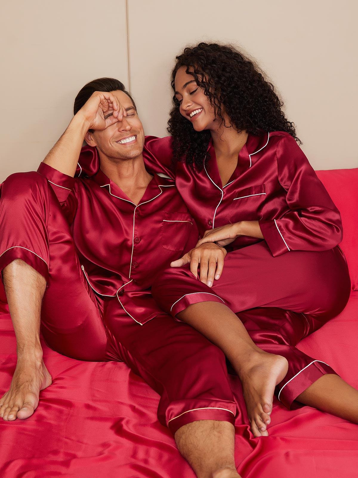 Couple Pure Silk Long Pajama Sets Total 4Pcs