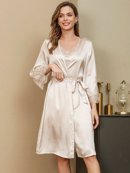 Pure Silk Lace Cuffs Elegant Belted Robe