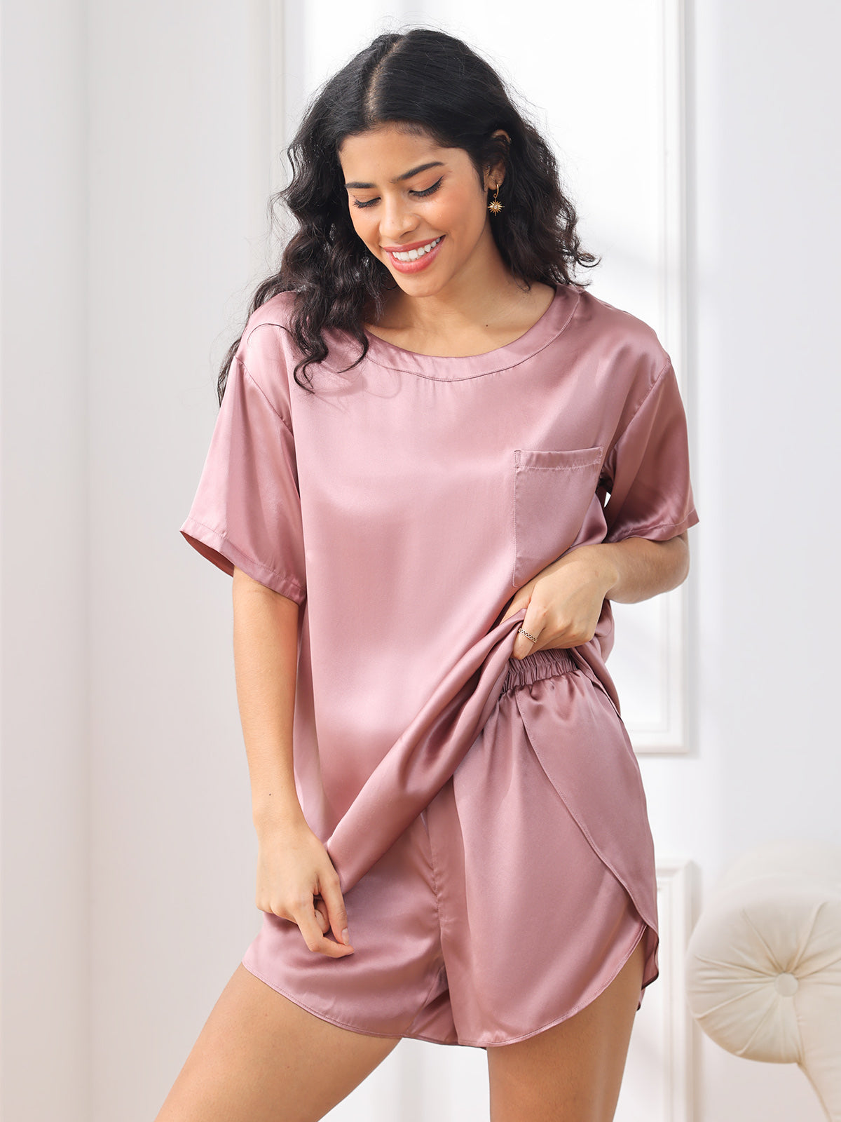 Pure Silk Casual Womens Pajama Set 2Pcs