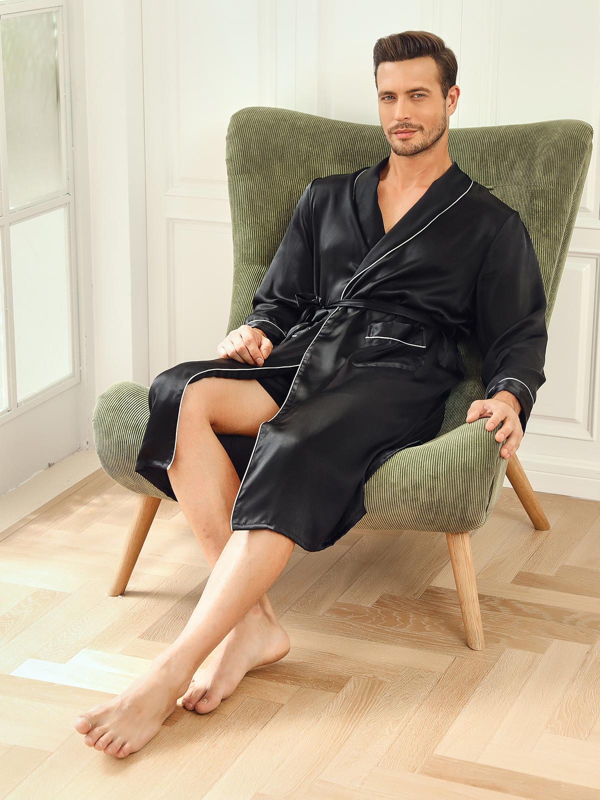 Pure Silk Piping Trim Belted Mens Robe