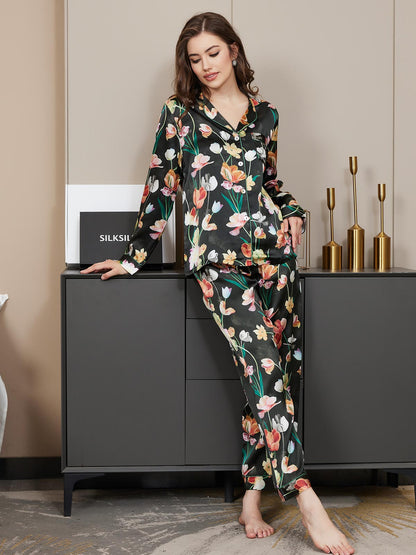 Pure Silk Floral Pattern Womens Pajama Set