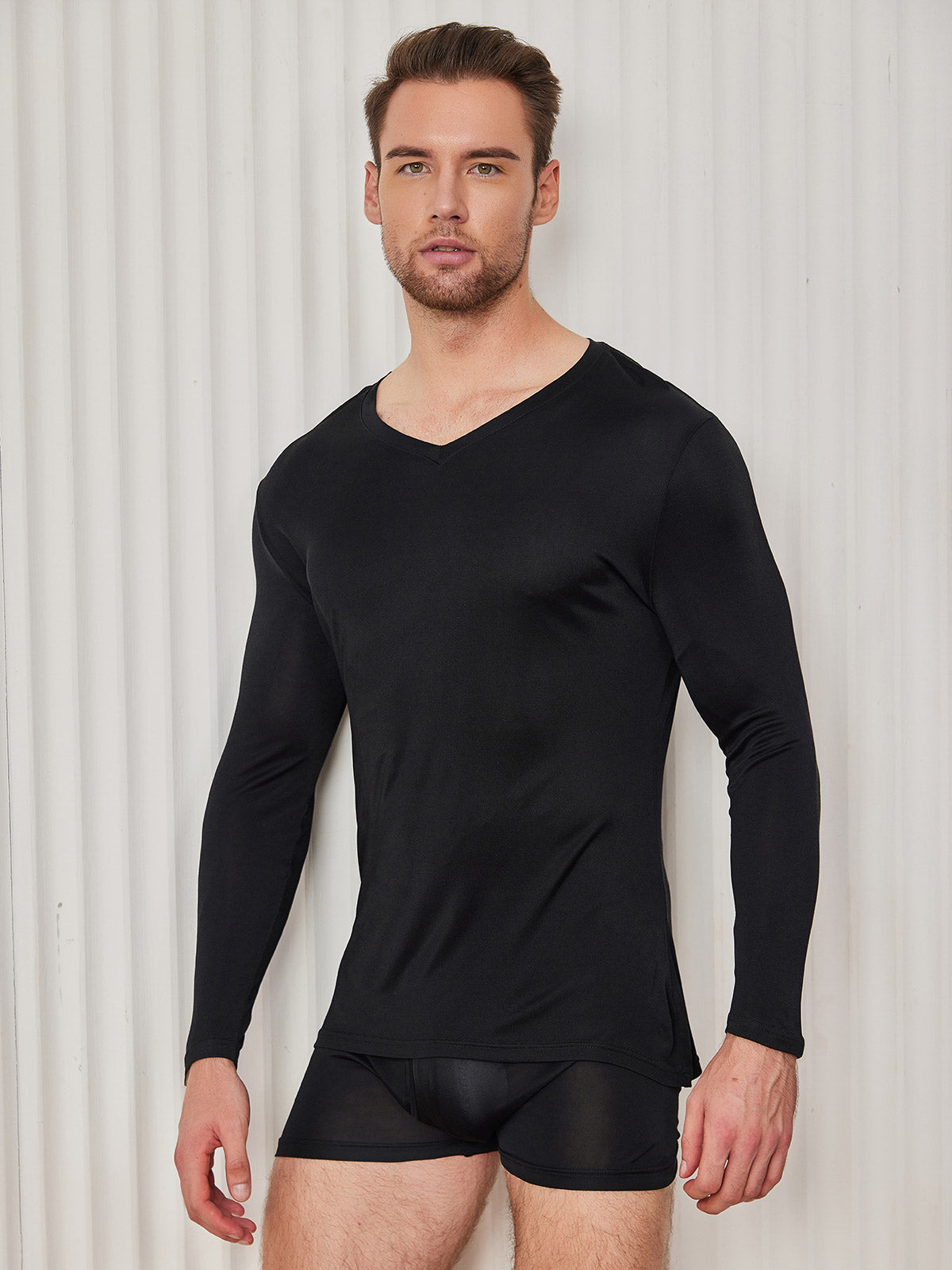 Mens V-Neck Long Sleeve Silk Knitted Tee