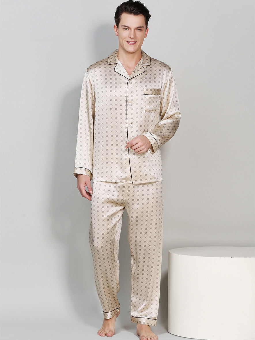 Printed Lapel Men‘s Pure Silk Pajamas