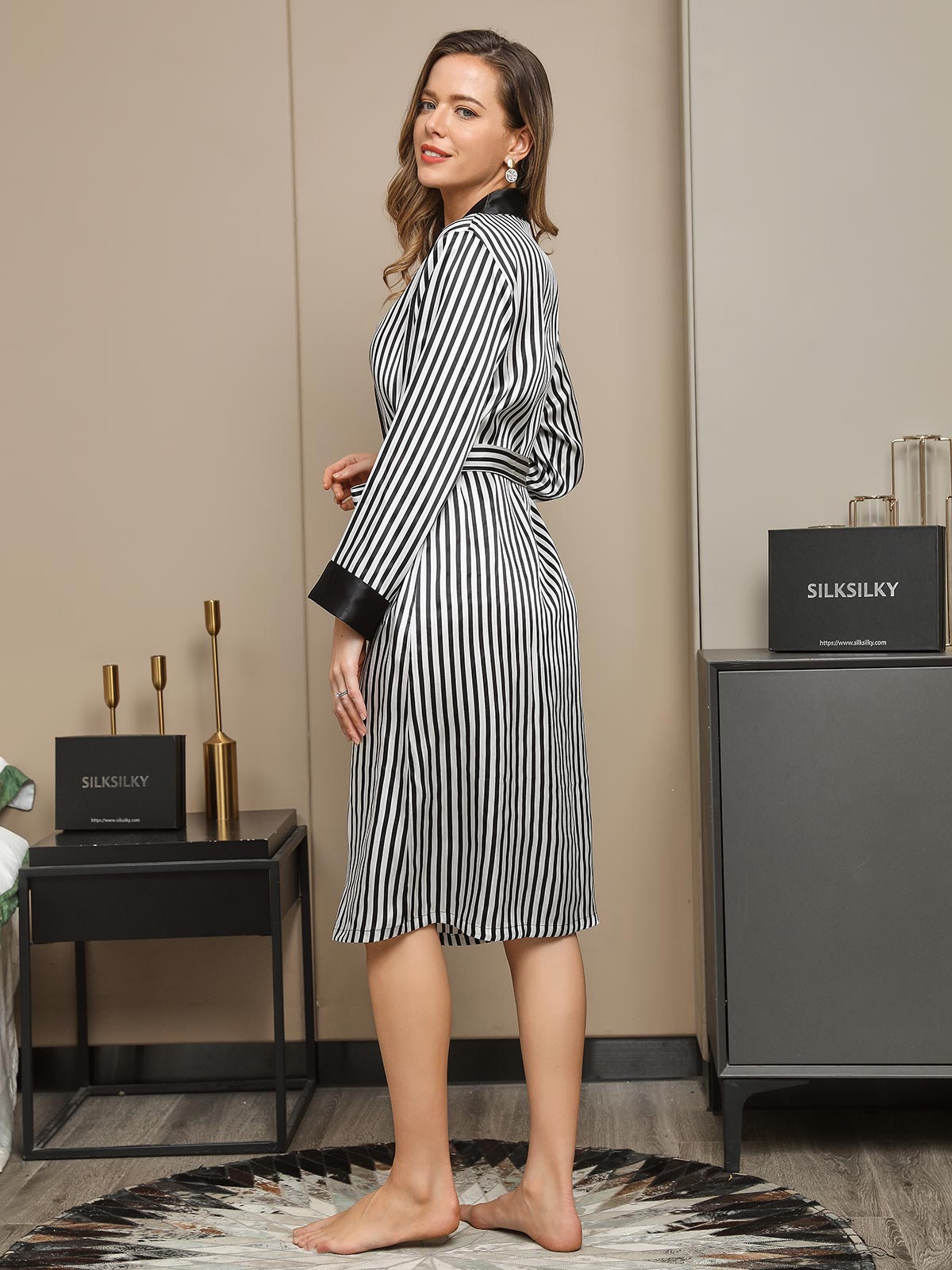 Clearance(US Warehouse) -  Pure Silk Stripe Pattern Belted Long Robe