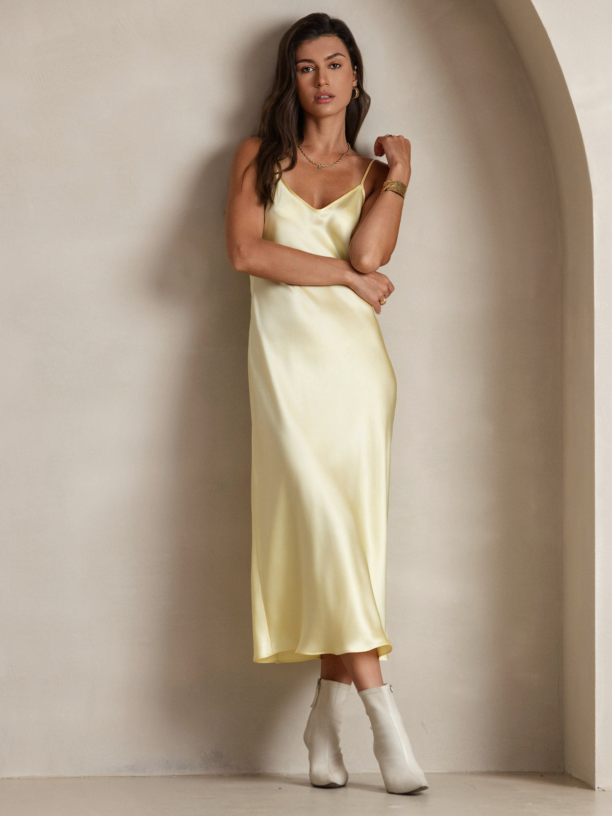 Pure Silk Solid Color Spaghetti Strap Long Dress