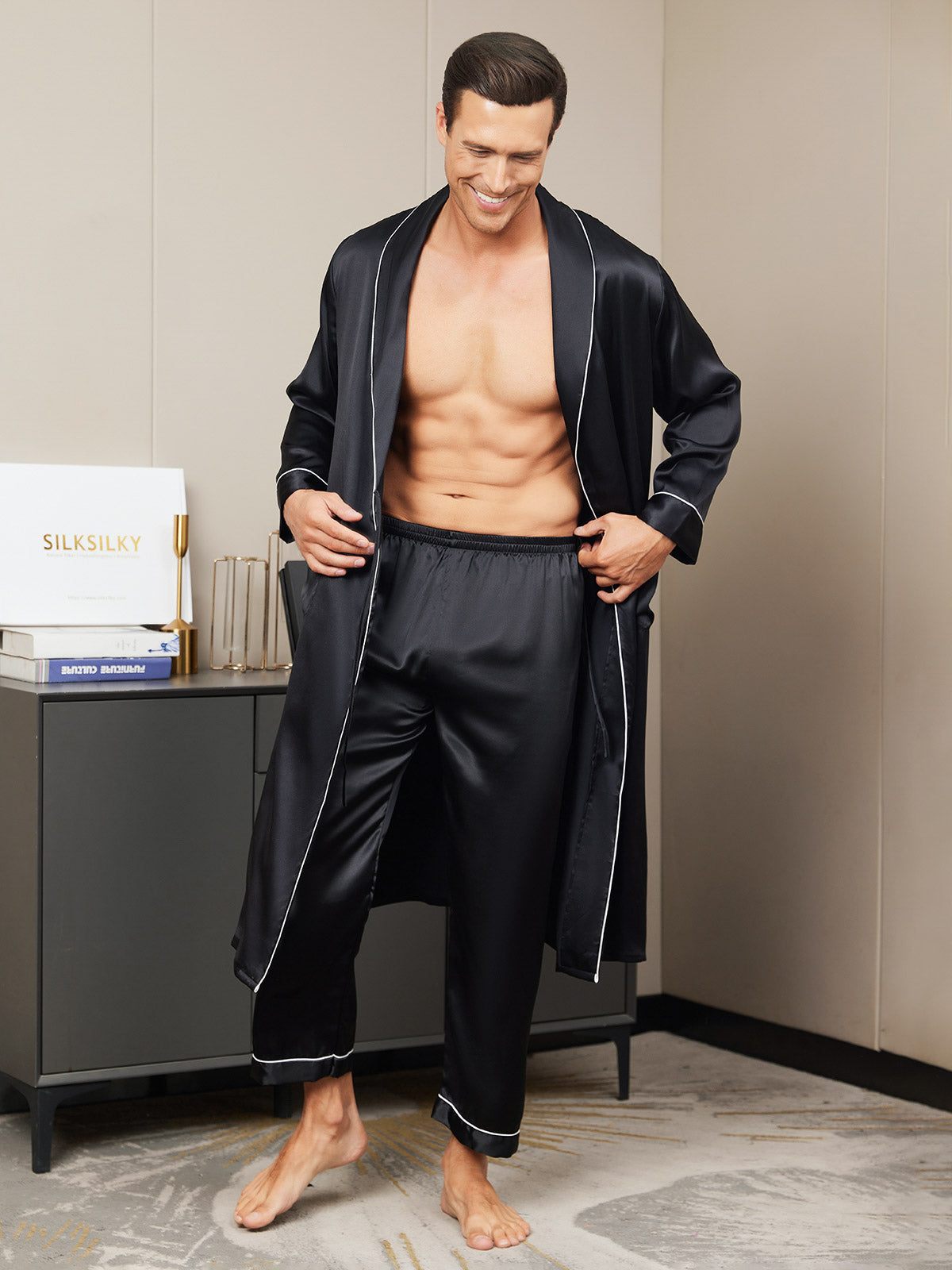 2Pcs Pure Silk Lapel Collar Belted Robe & Pants Set