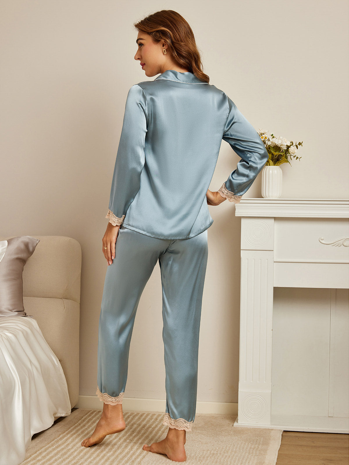 Pure Silk Casual Button Up Womens Pajamas 2Pcs