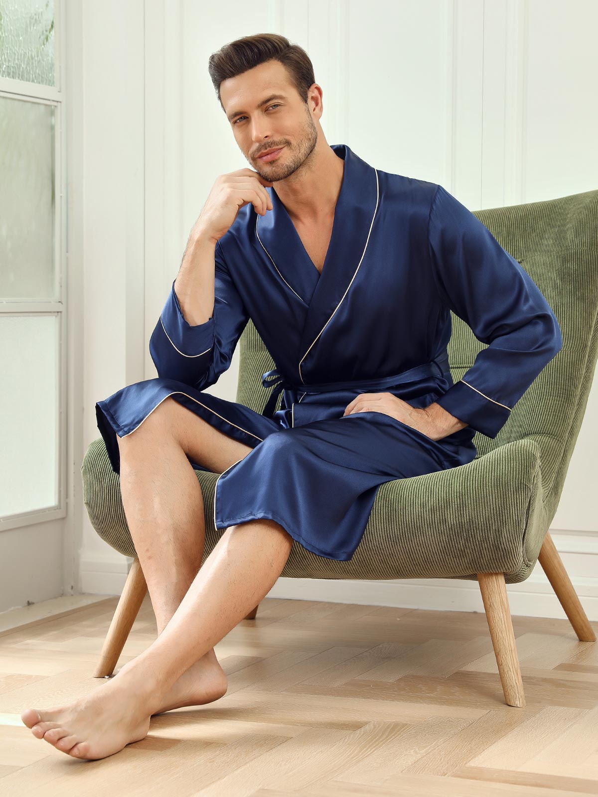 Pure Silk Piping Trim Belted Mens Robe