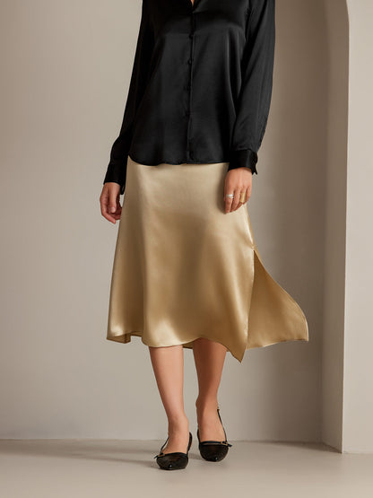 19Momme Silk Solid Color Elegant Split Hem Skirt