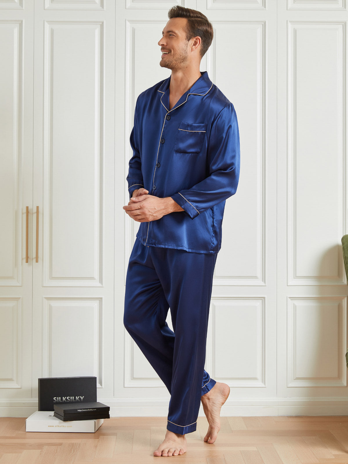 Silk Men's Lapel Long Sleeve Pajamas Set