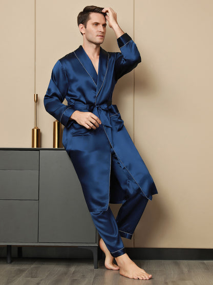 Pure Silk Contrast Piping Belted Robe & Pants Set