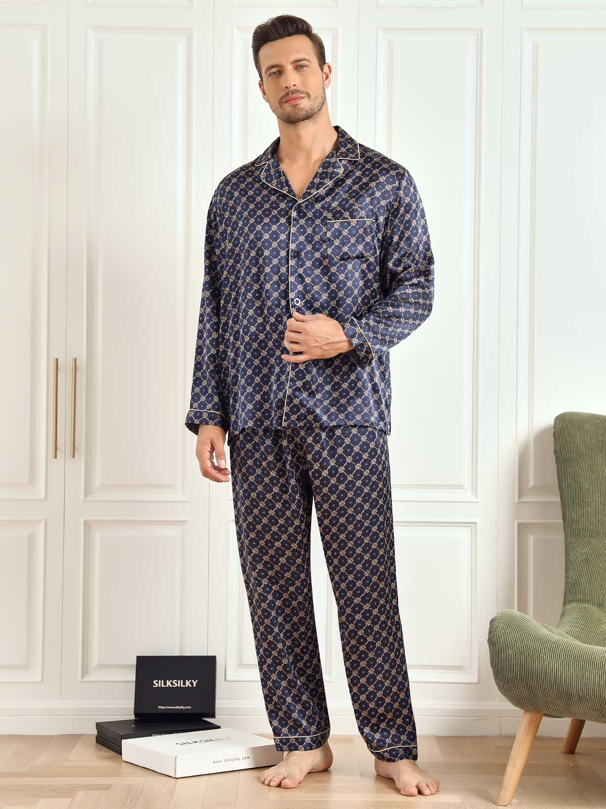 Pure Silk Printed Lapel Men‘s Pajamas