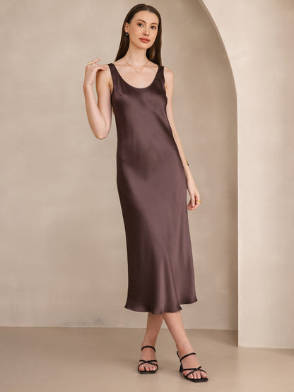 Pure Silk Solid Color Wide Strap Sleeveless Long Dress