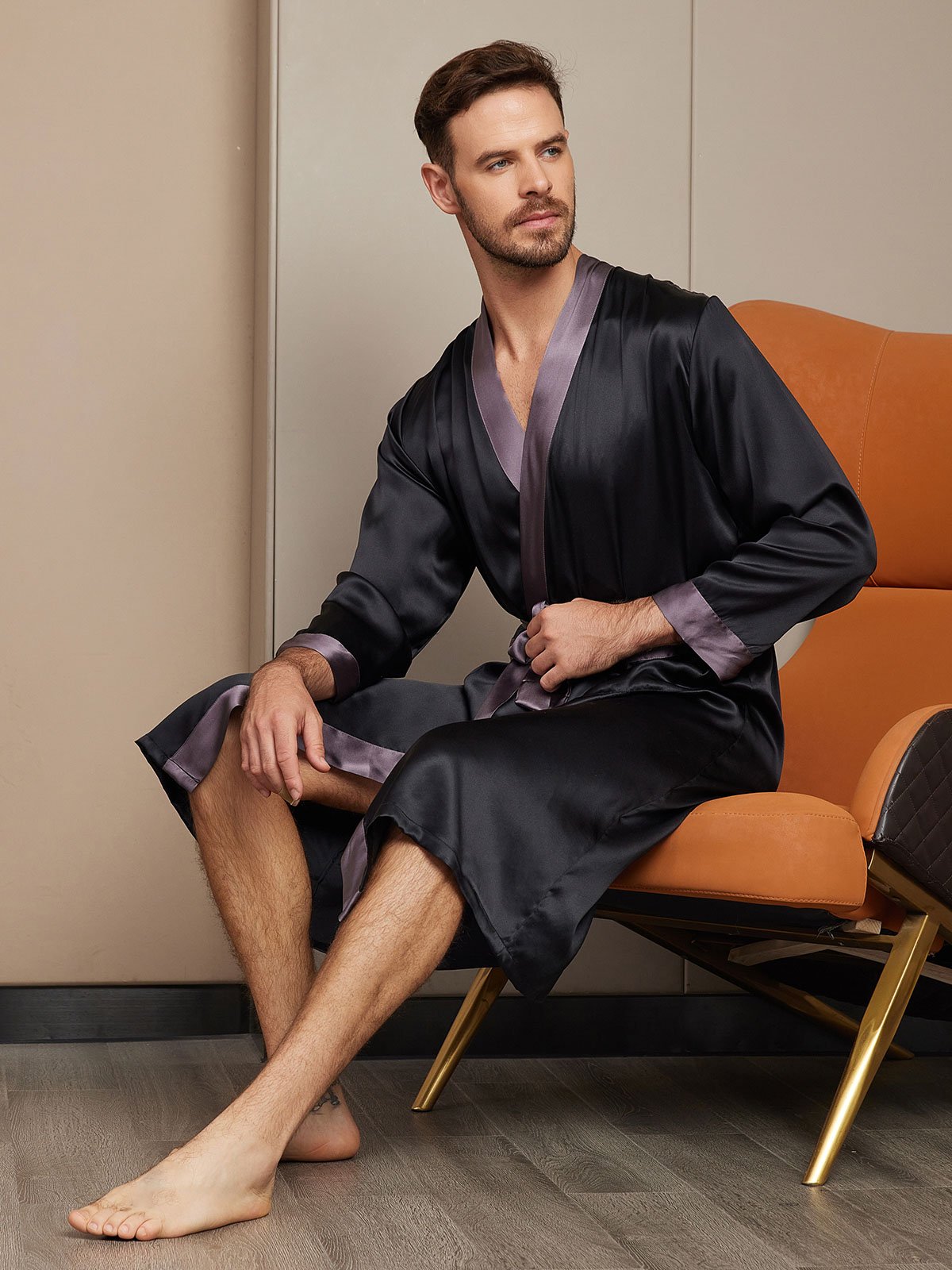 Pure Silk Classic Long Sleeve Mens Robe