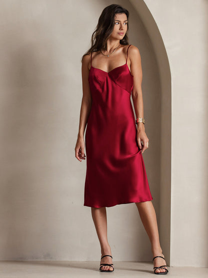 Silk Solid Color V-Neck Long Slip Dress