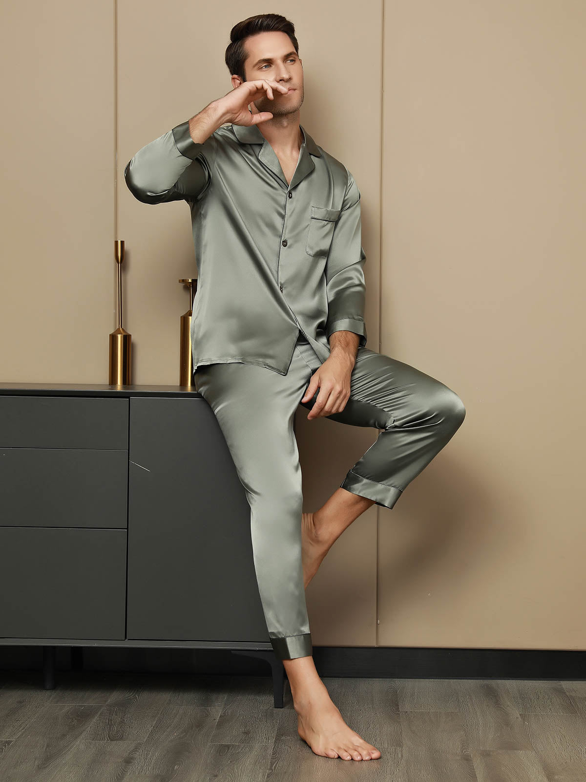 Pure Silk Men's Lapel Pajama Set 2Pcs