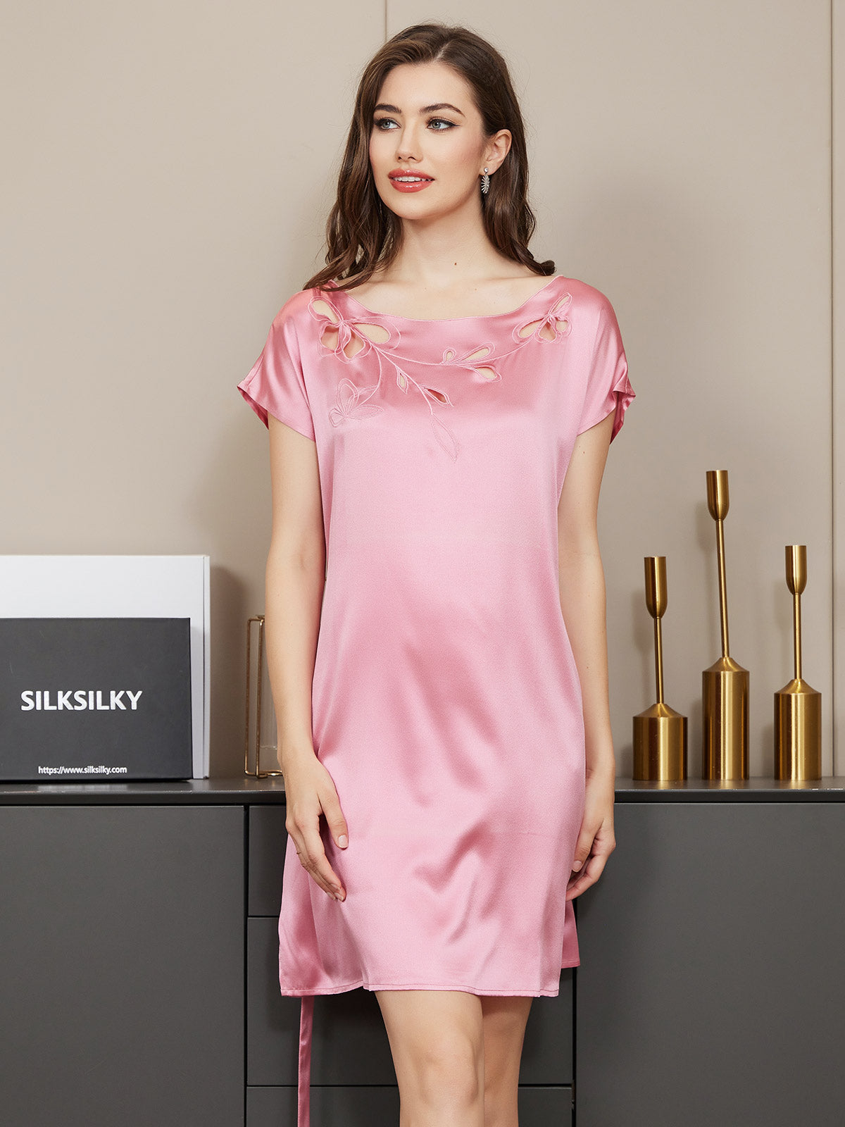 Pure Silk Solid Color Elegant Cut-Out Nightgown