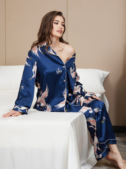 19Momme Pure Silk Printed Classic Binding Trim Womens Pajama set