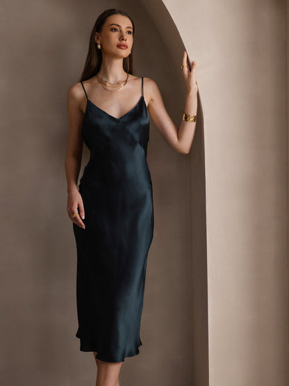 Silk Solid Color V-Neck Long Slip Dress