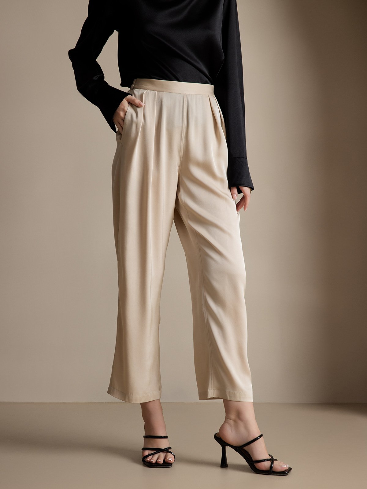 22Momme Timeless Pleated Wide-Leg Silk Long Pants