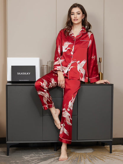 19Momme Pure Silk Printed Classic Binding Trim Womens Pajama set