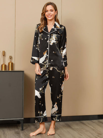 Plant Printed Pure Silk Pajamas Set 2Pcs